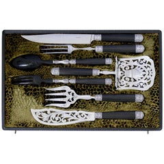 1900s Leprince French Sterling Silver Ebony Serving Implement Set, Box, Acanthus