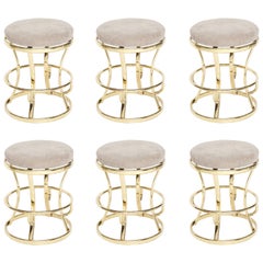 Glamorous Brass and Grey Barstools, Midcentury France, 1970s