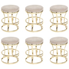 Glamorous Brass and Grey Barstools, Midcentury France, 1970s