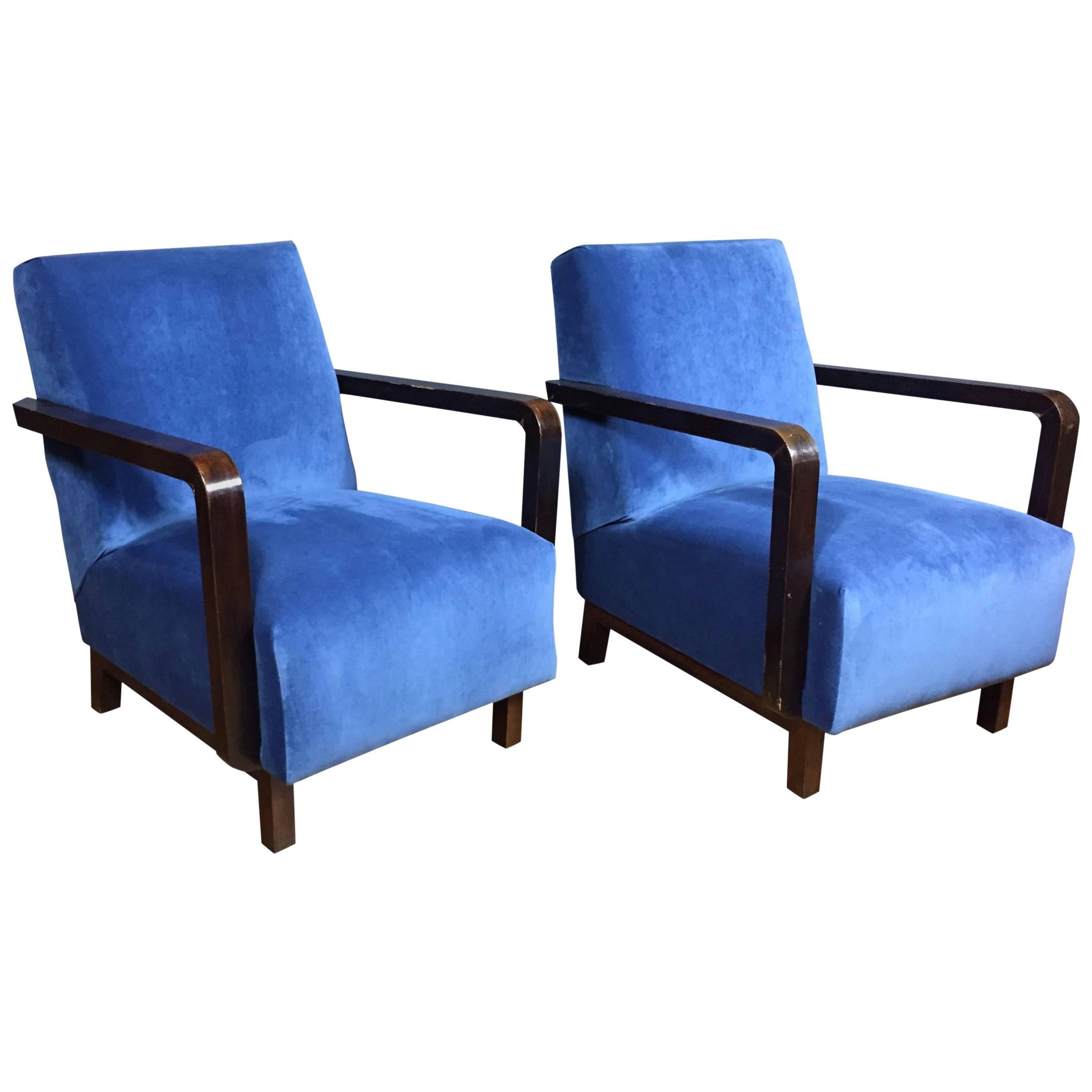 Pair of Danish, 1940s Armchairs with Navy Velvet Covers For Sale