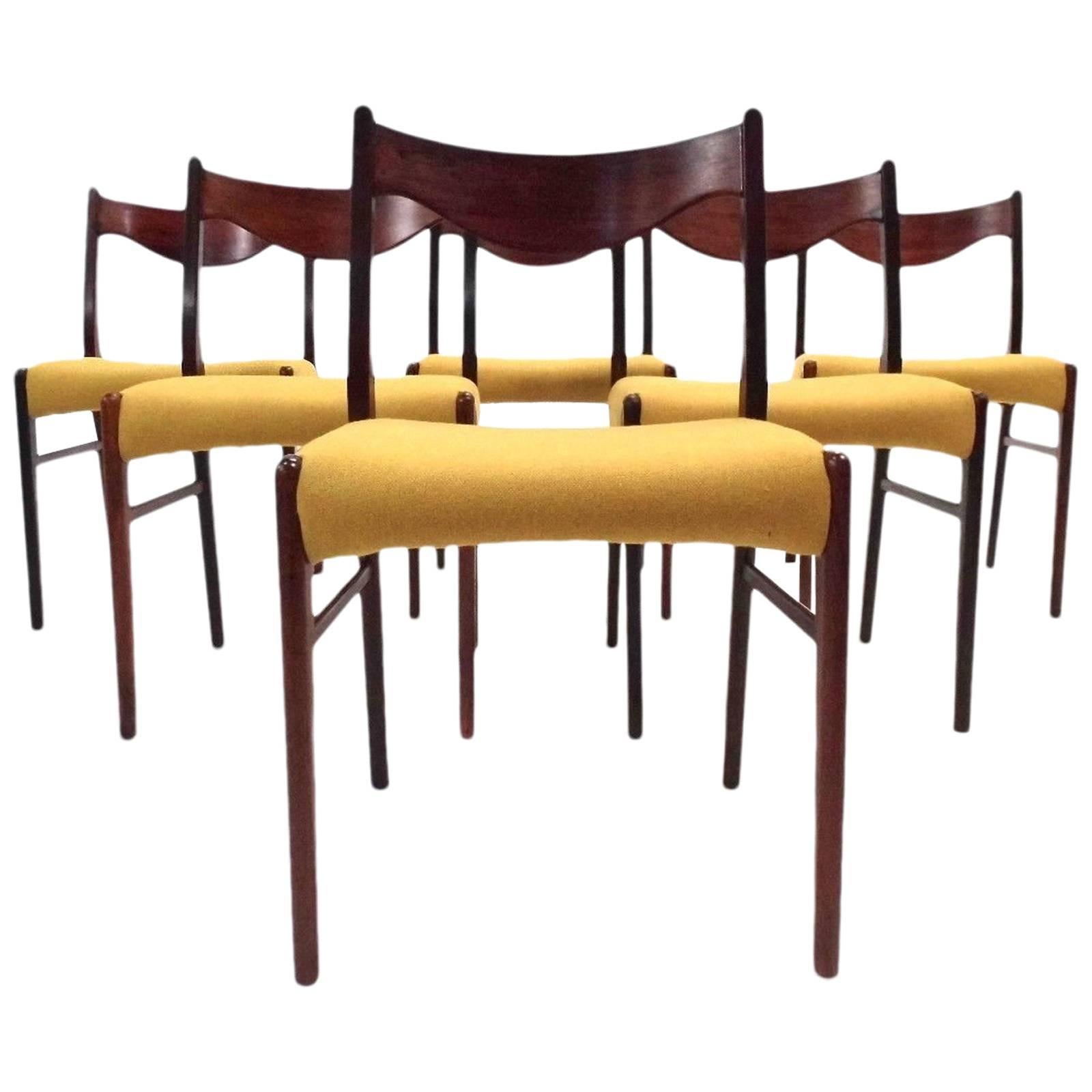 Danish Set of Six Rosewood and Yellow Wool Dining Chairs