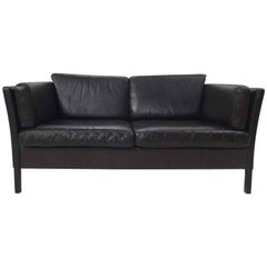Danish Dark Brown Black Leather Two-Seat Sofa, Midcentury, 1960s
