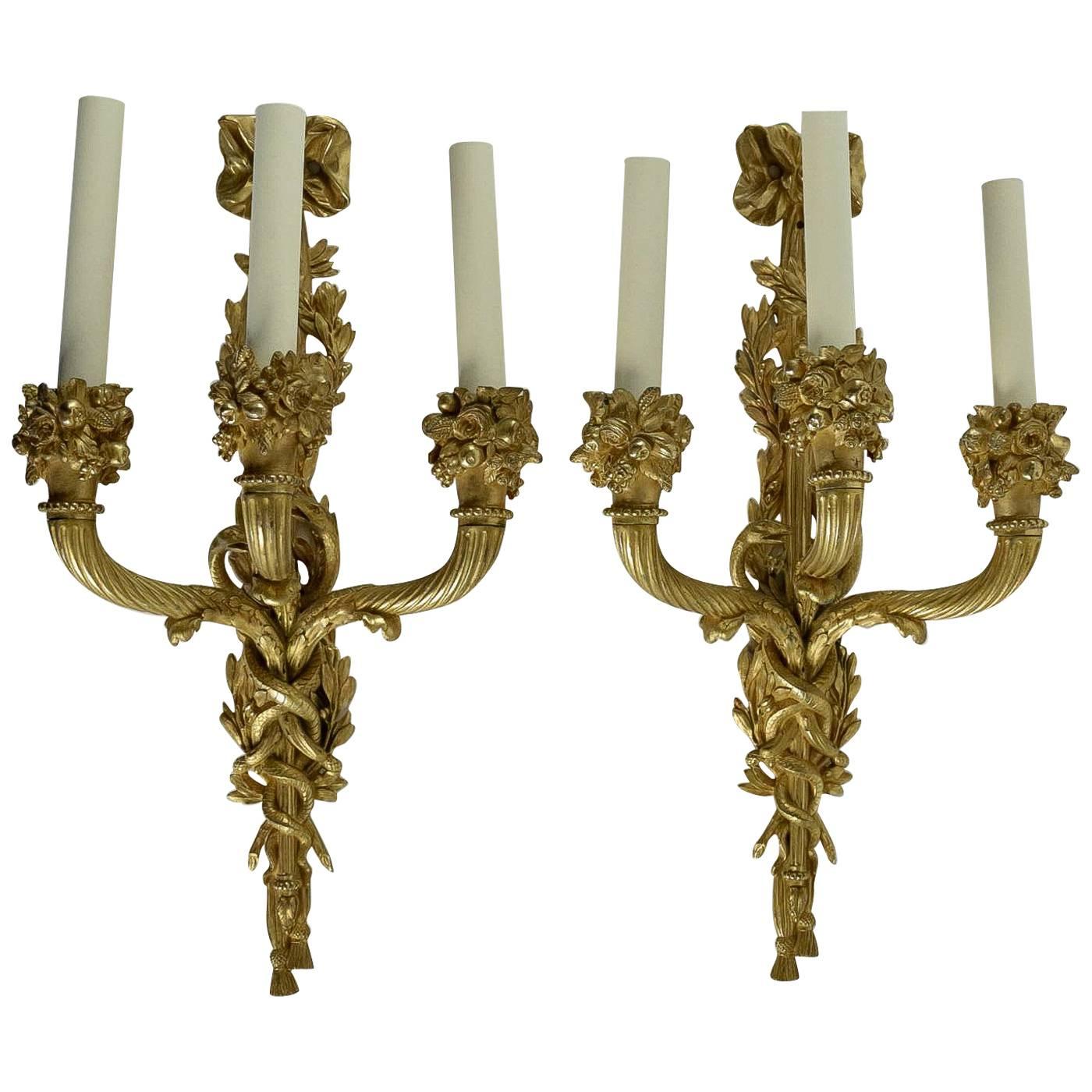 French Louis XVI Style Gilt Bronze Sconces, Mid-19th Century Circa 1850