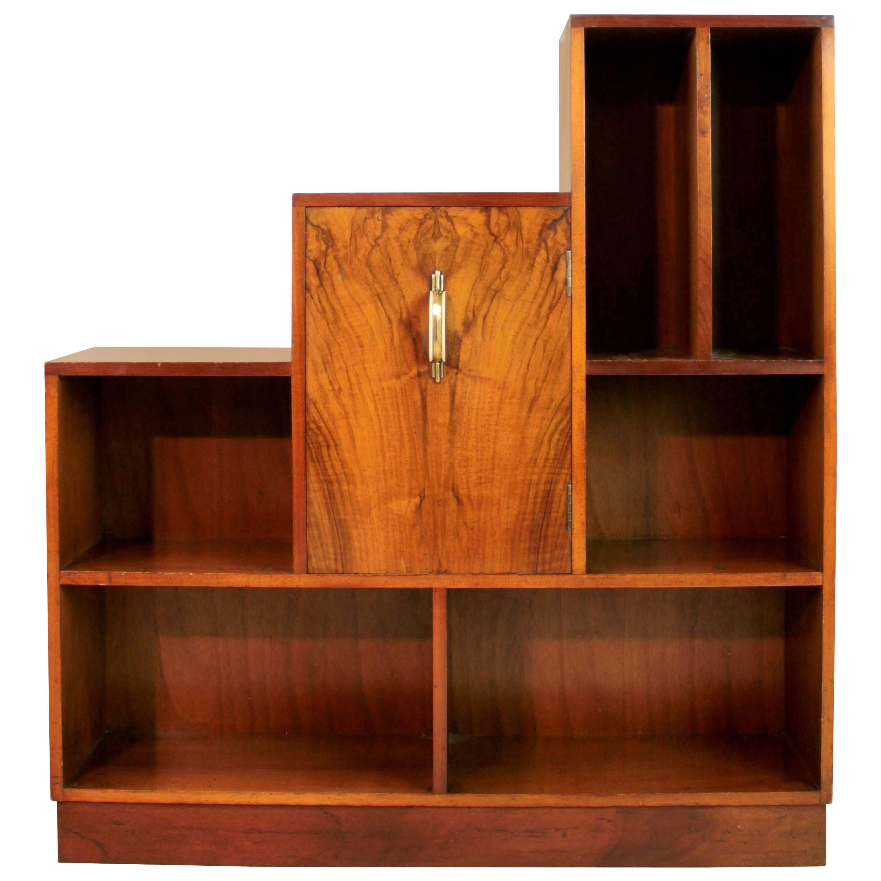 Art Deco English Walnut Bookcase Display Cabinet by E Gomme, Dated 1936