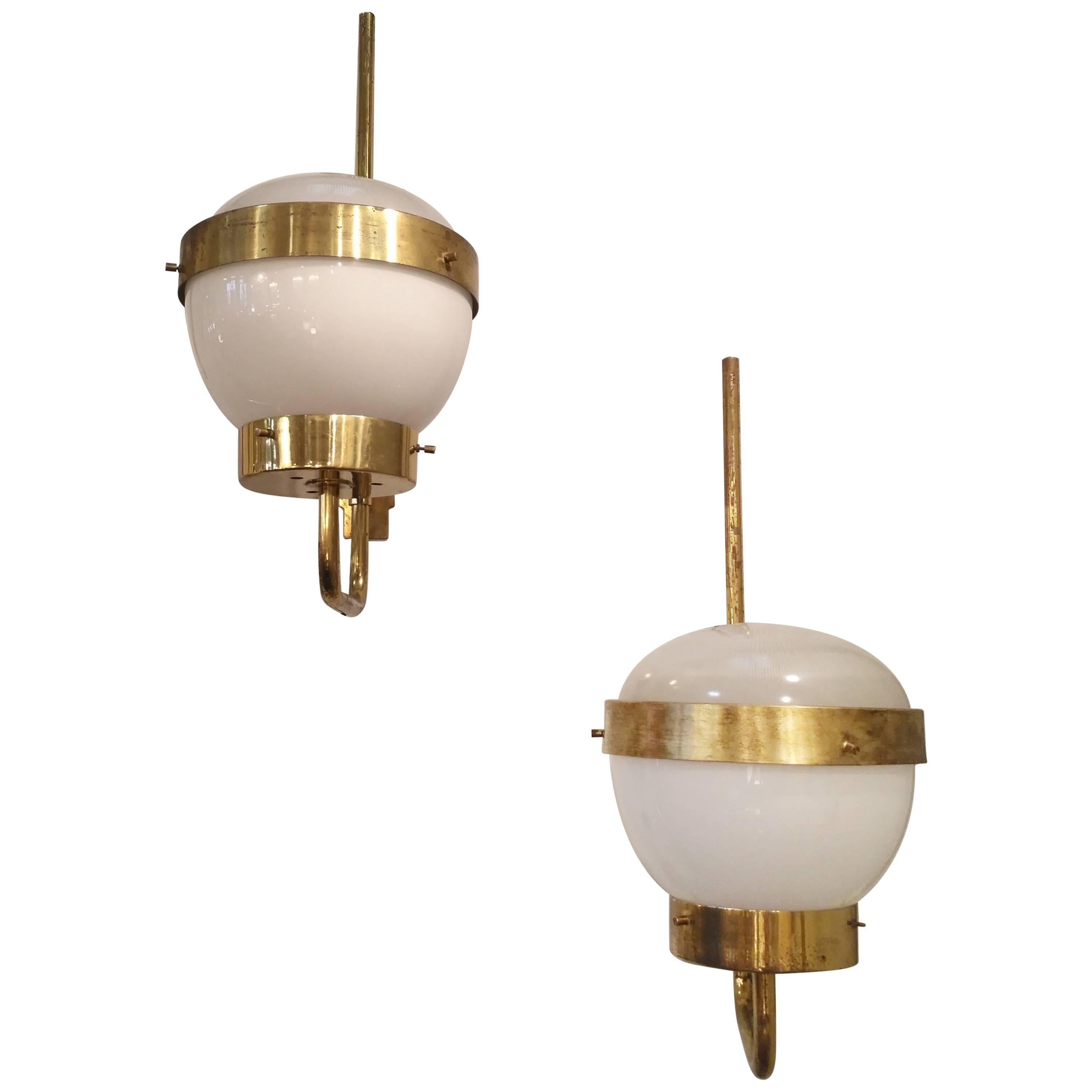 Three White Opaline Glass and Brass Sconces by Sergio Mazza, 1950 For Sale