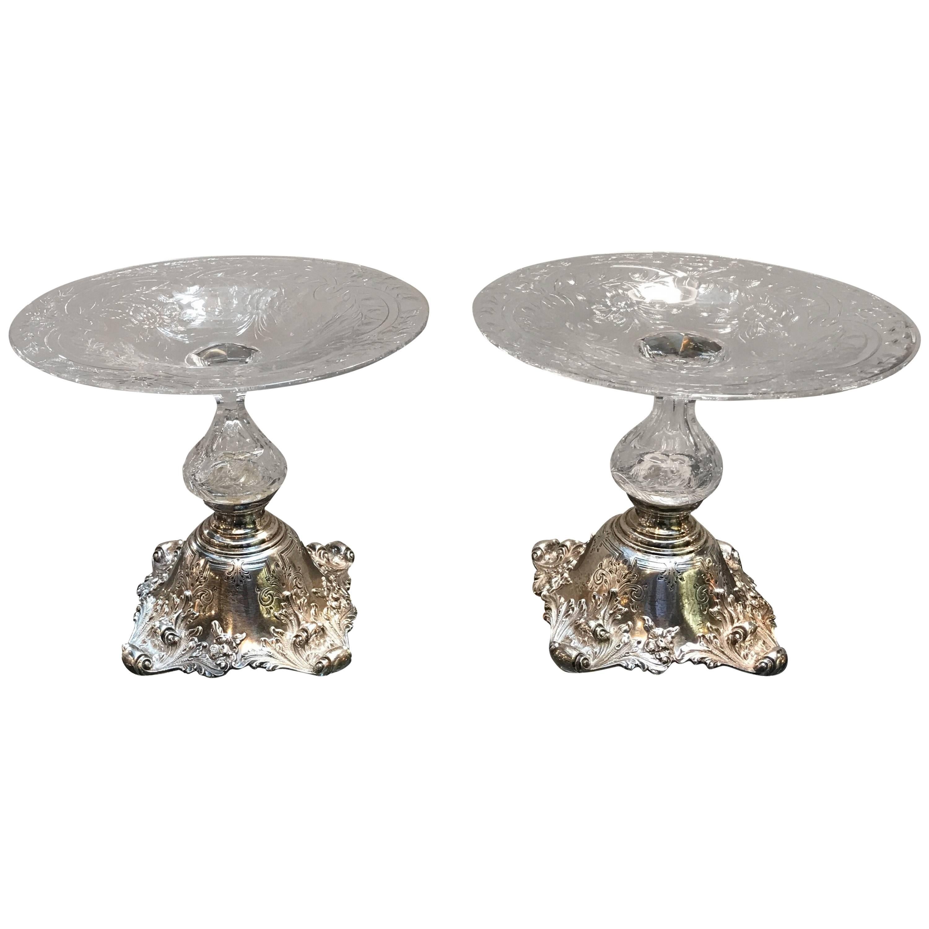 Pair of Sterling and Glass Compote Tazzas, 19th Century