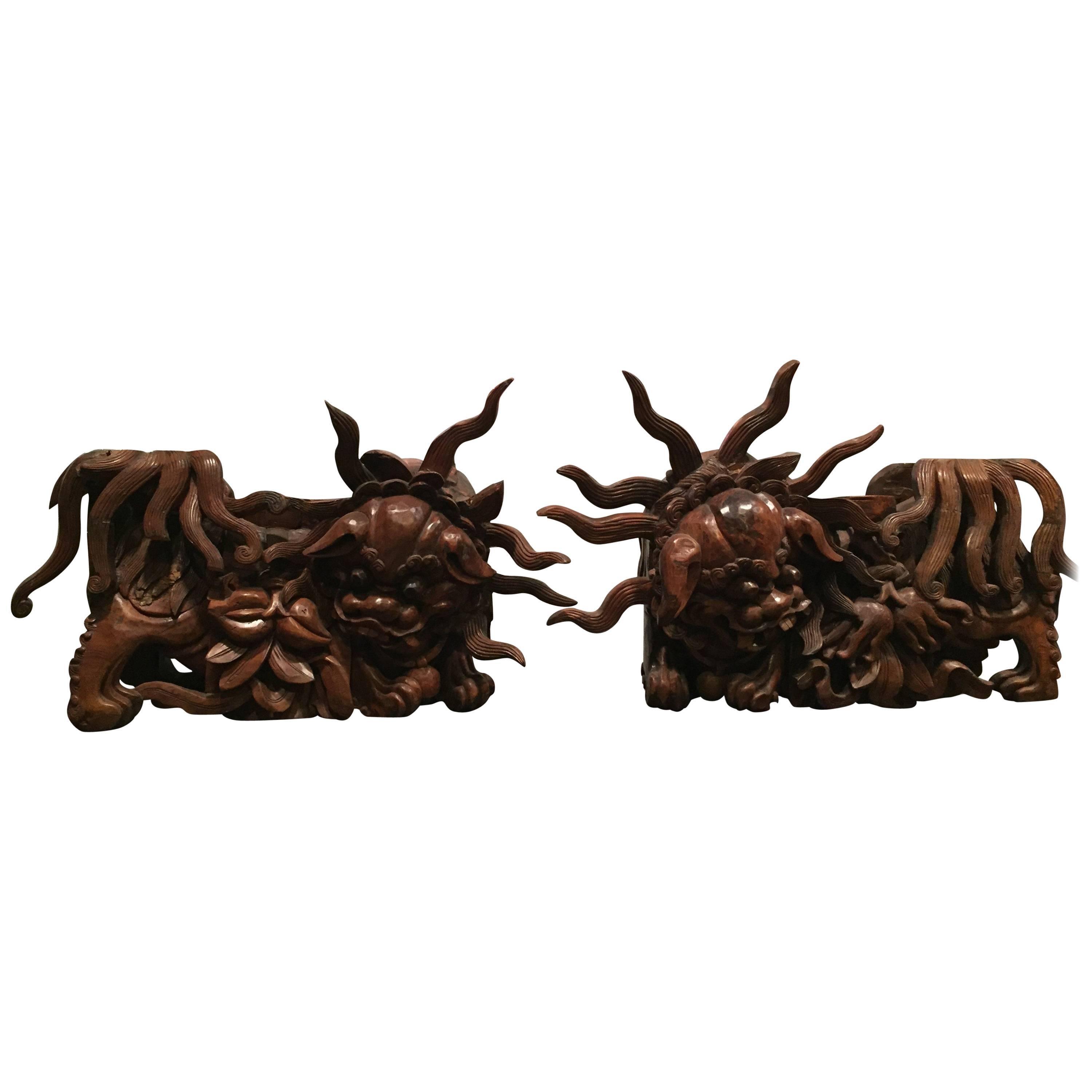 19th Century Qing Dynasty Carved Temple Foo Dogs For Sale