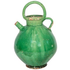 Large Green French Crockery Vase with Handles