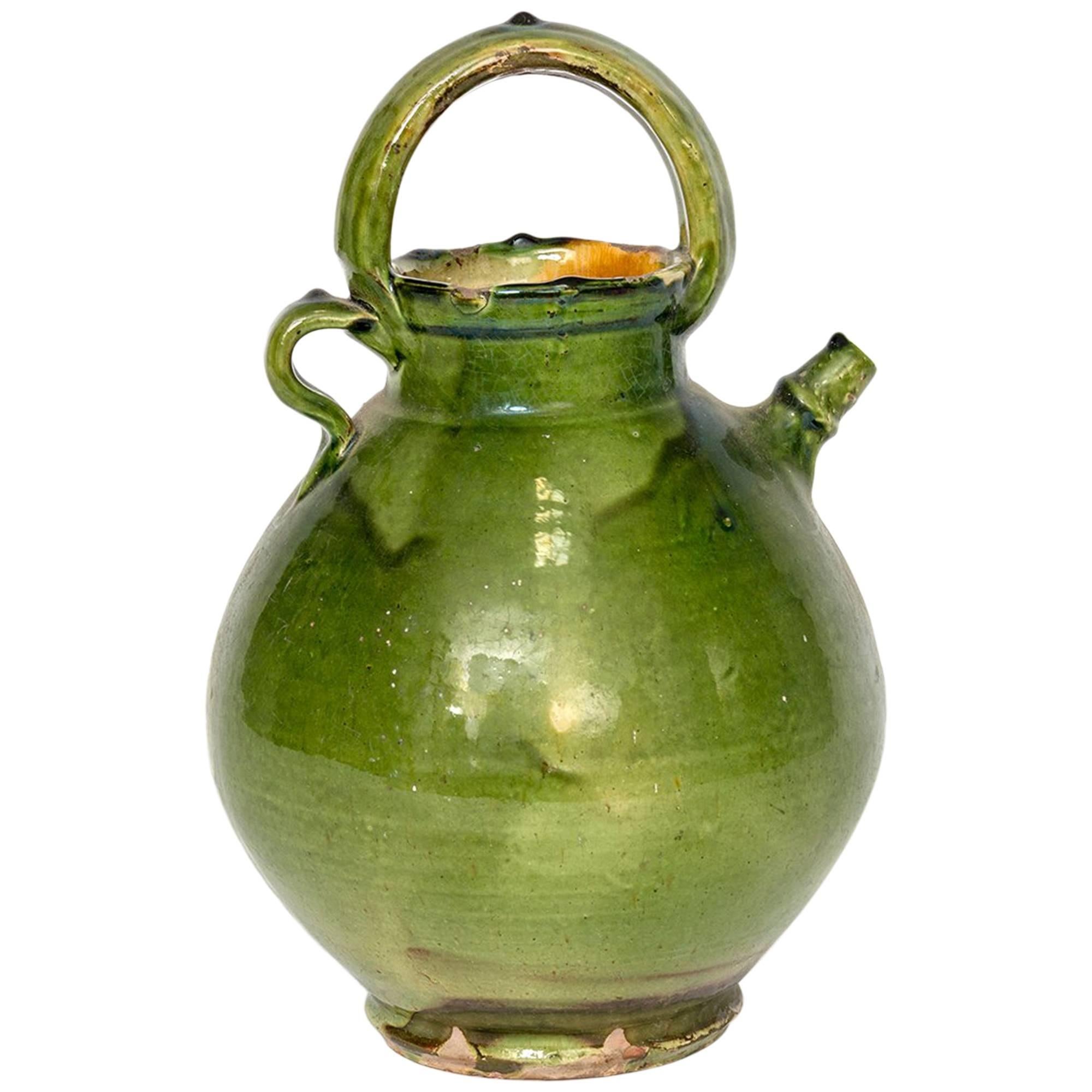 Große grüne französische Crockery-Vase mit Griffen