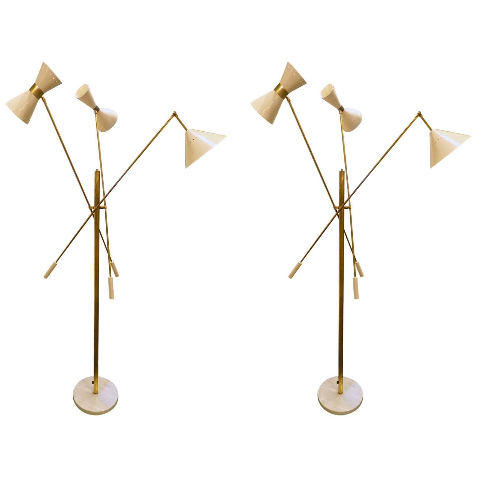 Pair of Italian Floor Lamps, brass and marble