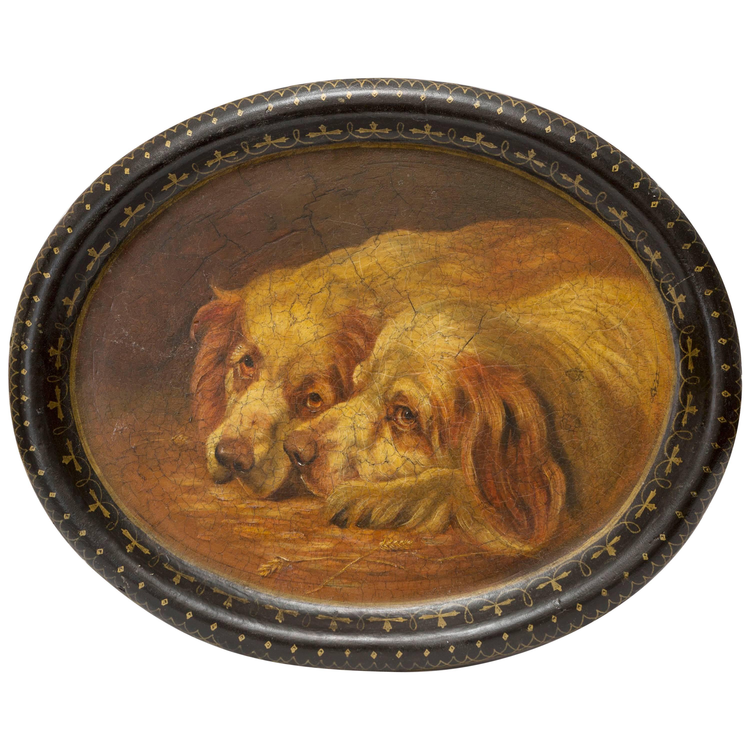 English Papier Mâché Tray with Painting of Two Dogs