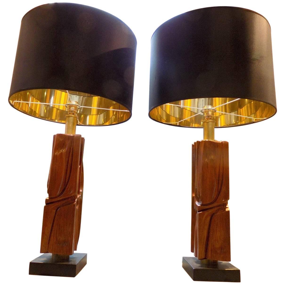 Beautiful Pair of Italian Wood Sculpted Table Lamp