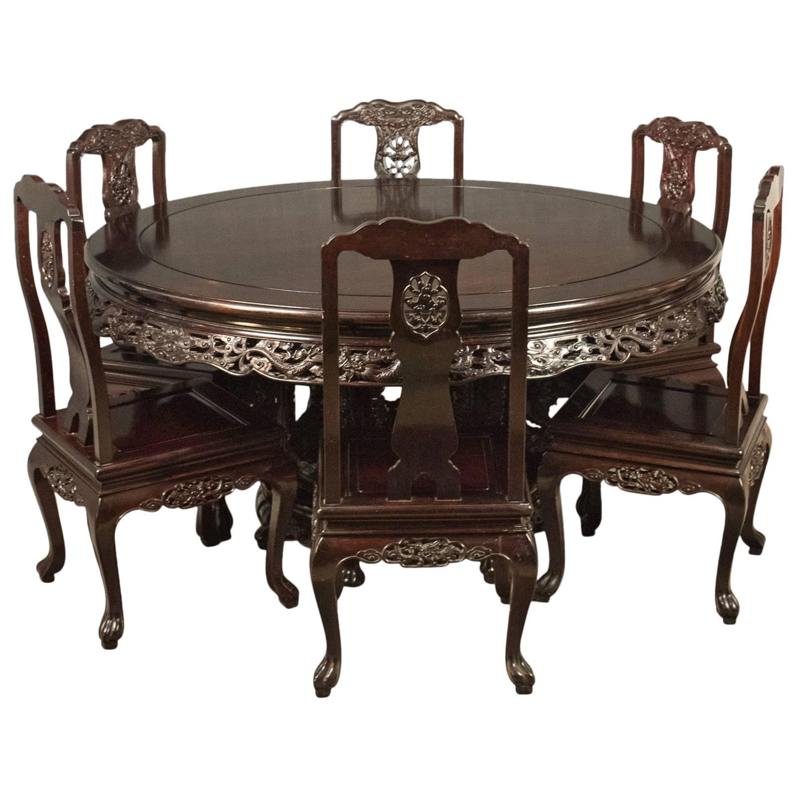 Traditional Oriental Rosewood Dining Table and Set of Six Chairs, Carved Suite