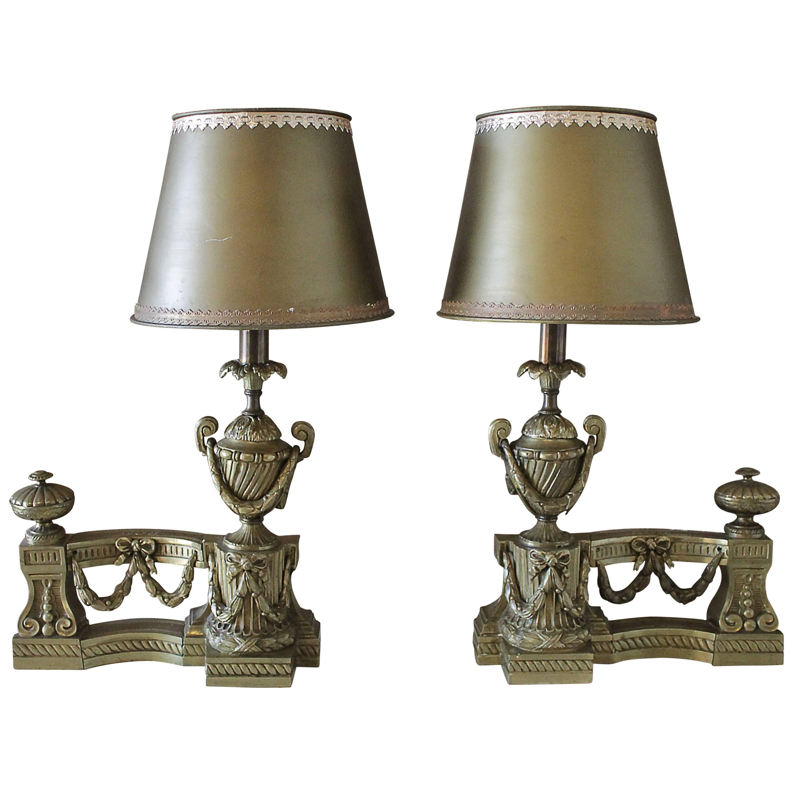 Pair of Vintage Brass Custom-Made Andiron Lamps For Sale