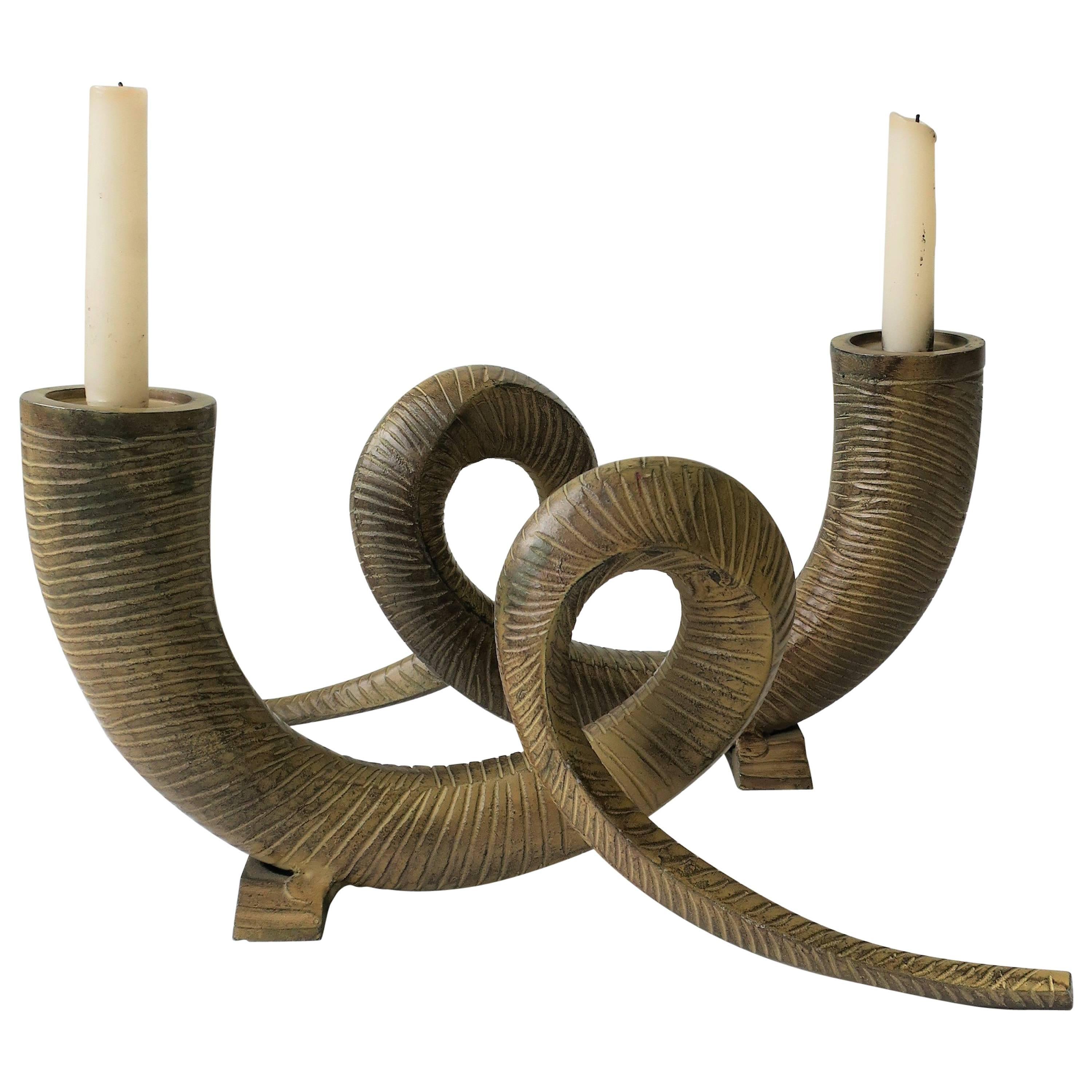 80s Metal Animal Rams Horn Sculptures or Candlestick Holders