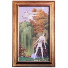 Antique "Bellerophon and Pegasus" Striking Art Deco Painting with Male Nude Mythological