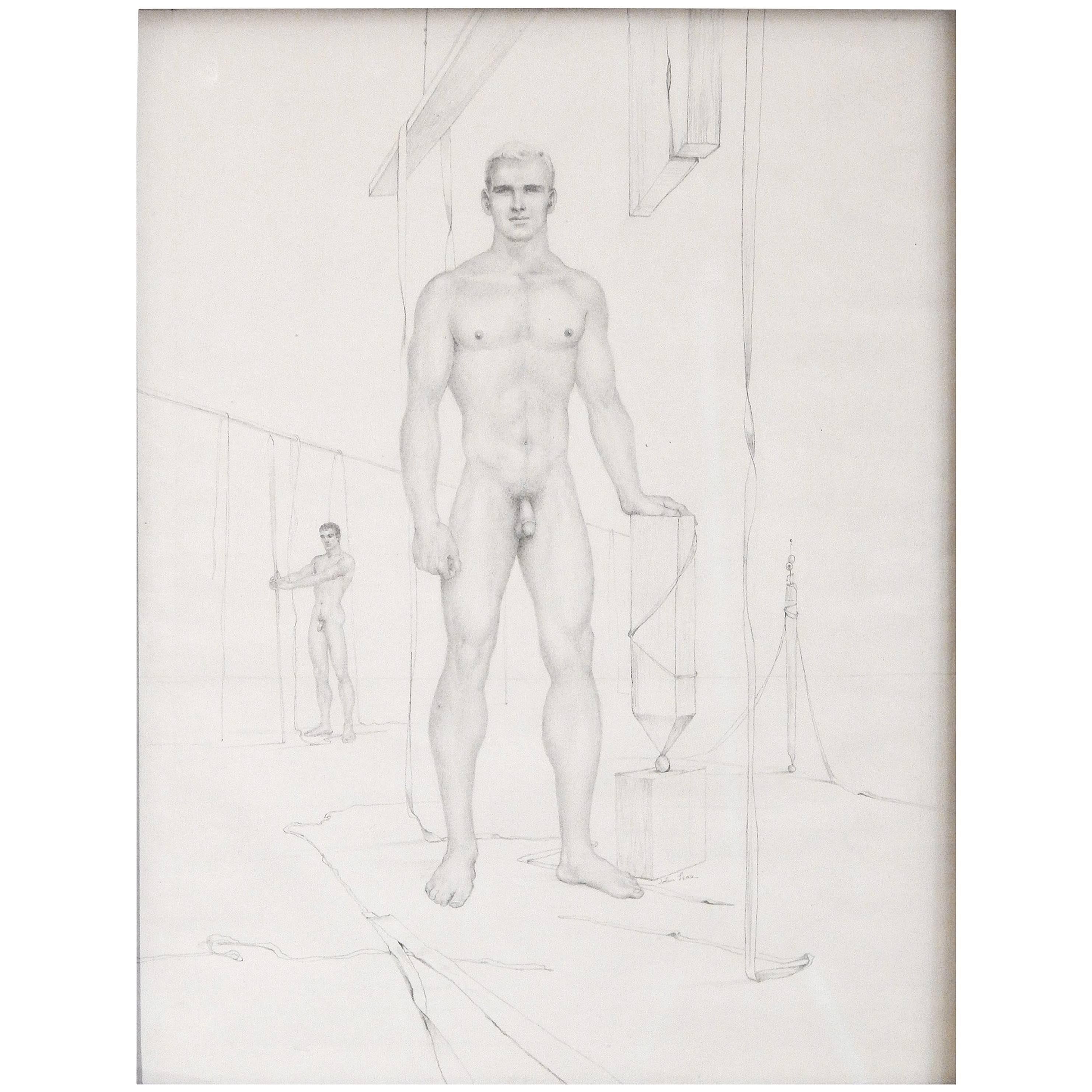 "Two Male Nudes, " Early and Unusual Midcentury Drawing by John Lear
