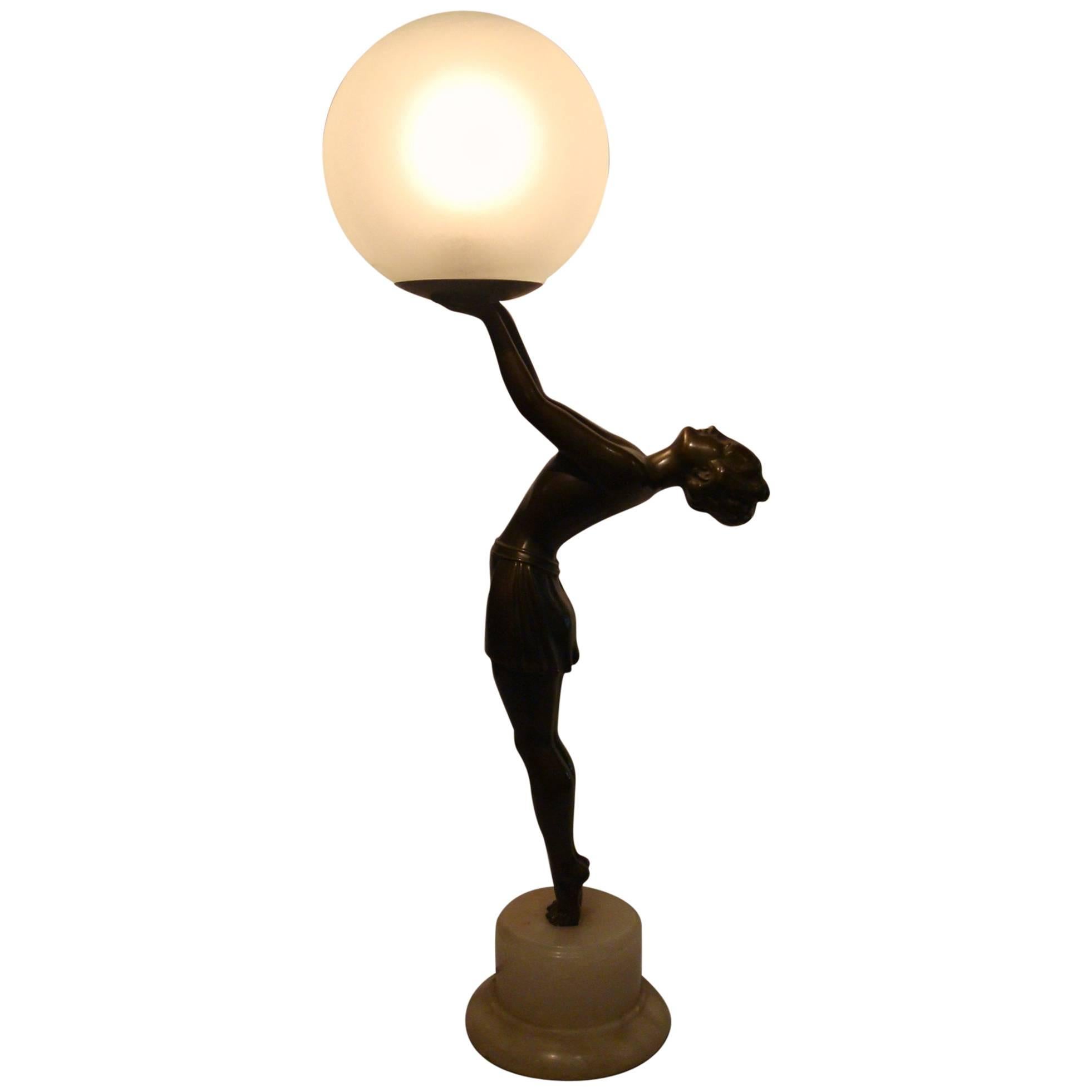 French Art Deco Female Figure, Statue Lamp by Balleste