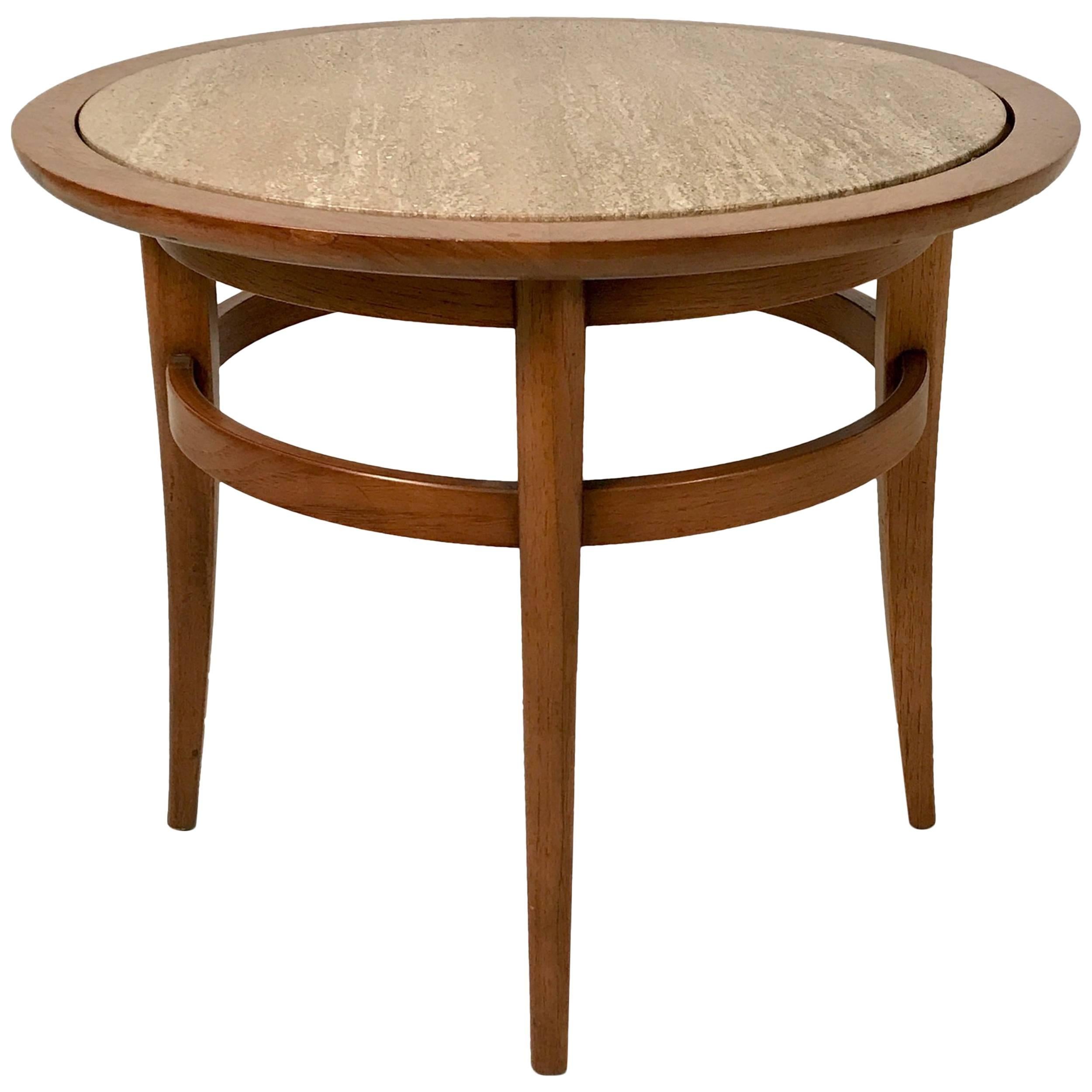 Sleek Circular Drexel Meridian Pecan and Italian Travertine End Table or Stand