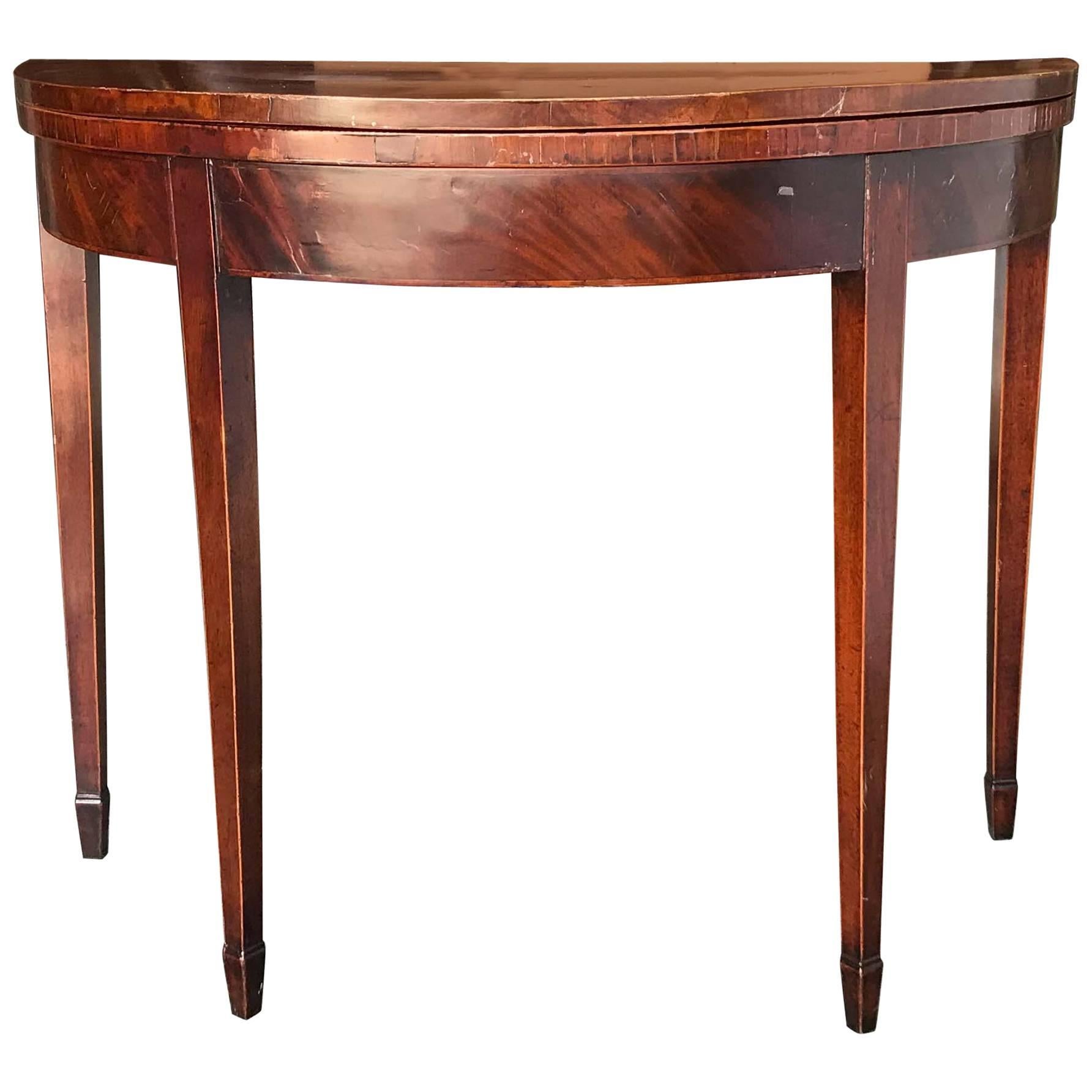 English Inlaid Flip-Top Demilune Card Table For Sale