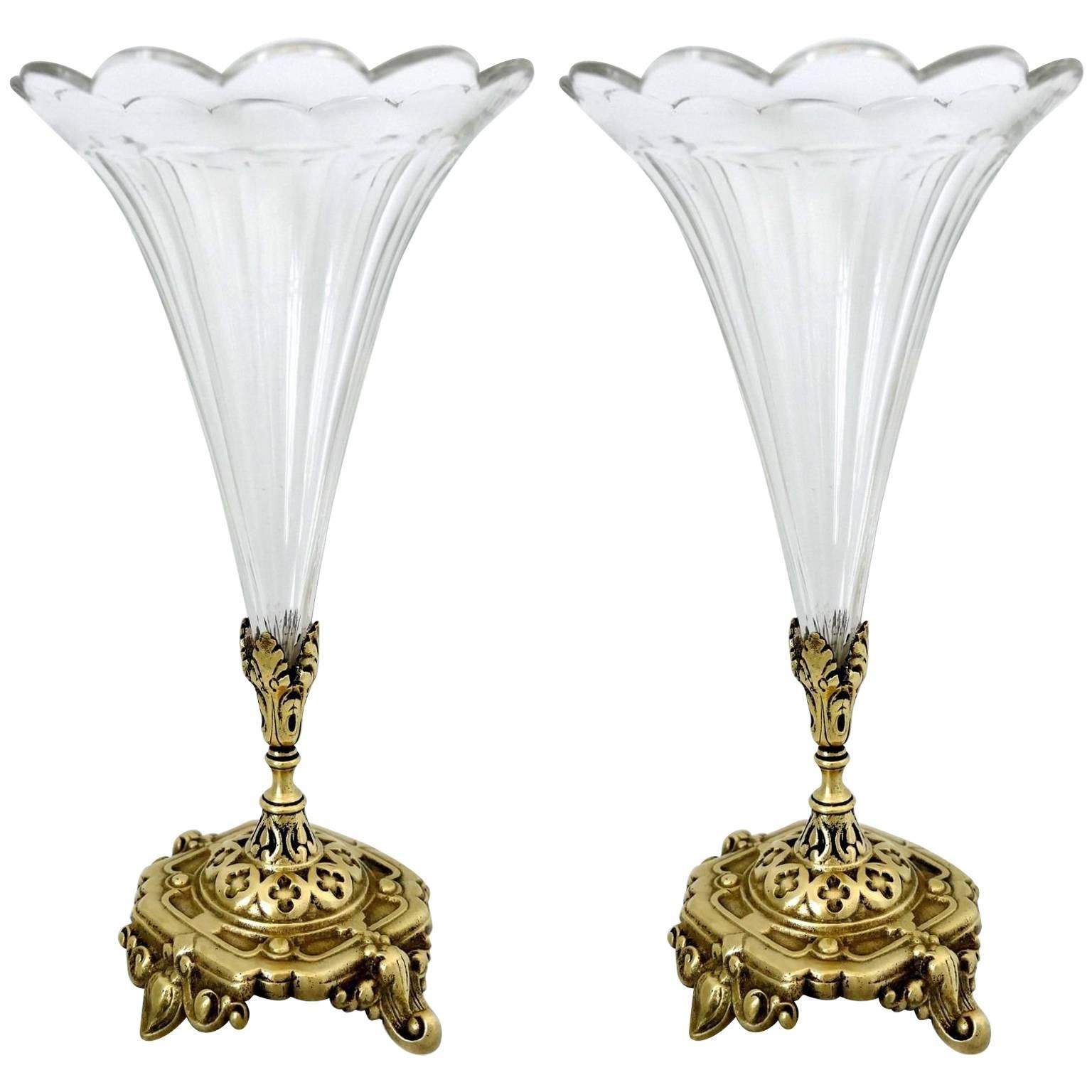 Pair of Antique French Crystal Trumpet and Bronze Vases For Sale