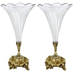 Pair of Antique French Crystal Trumpet and Bronze Vases