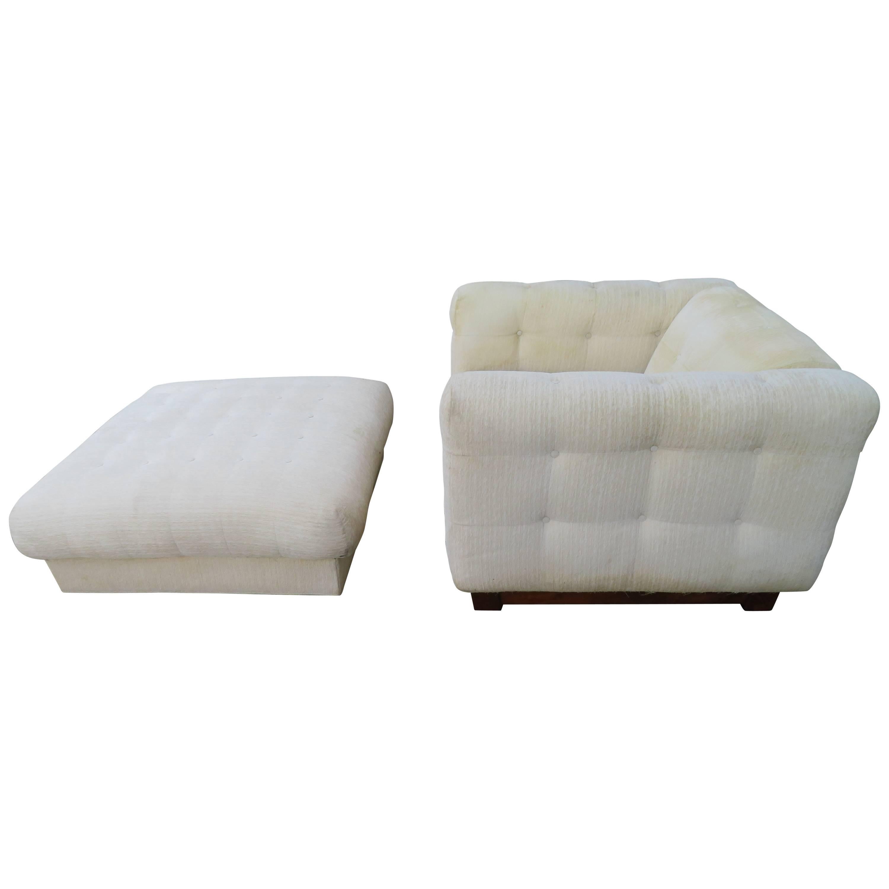 Unusual Milo Baughman Style Tufted Cube Lounge Chair with Matching Ottoman For Sale