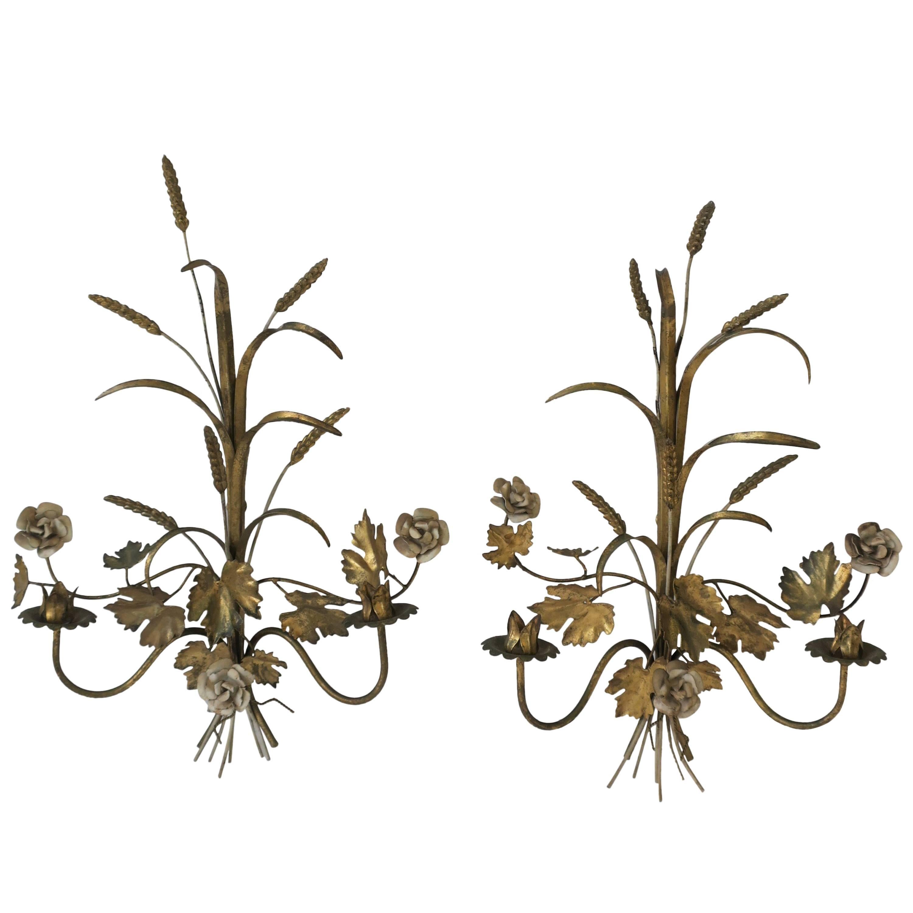 Italian Gold Gilt Metal Sheaf-of-Wheat Wall Sconces or Wall Art