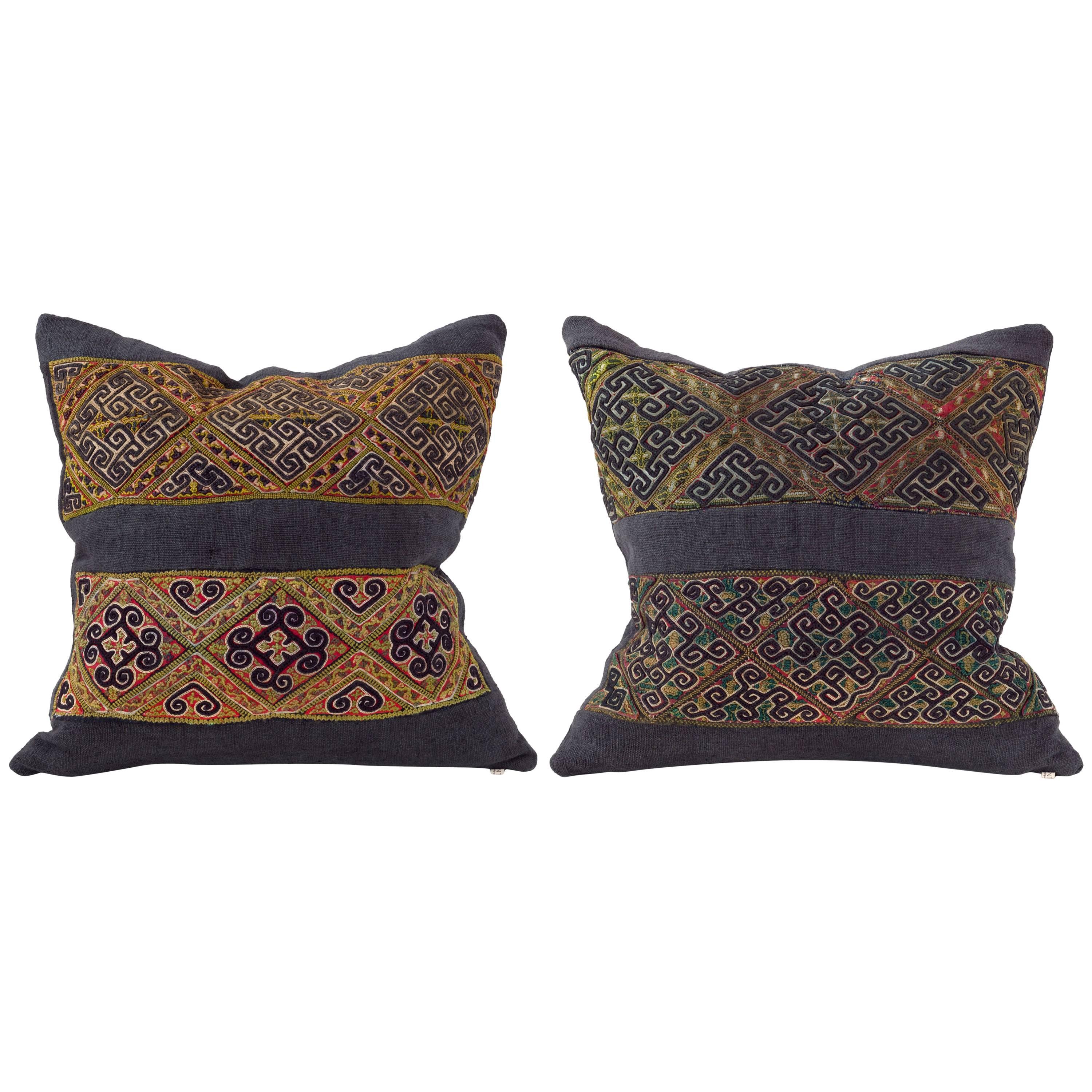 Vintage Embroidery Pillows, Indigo Green Red, Mustard For Sale