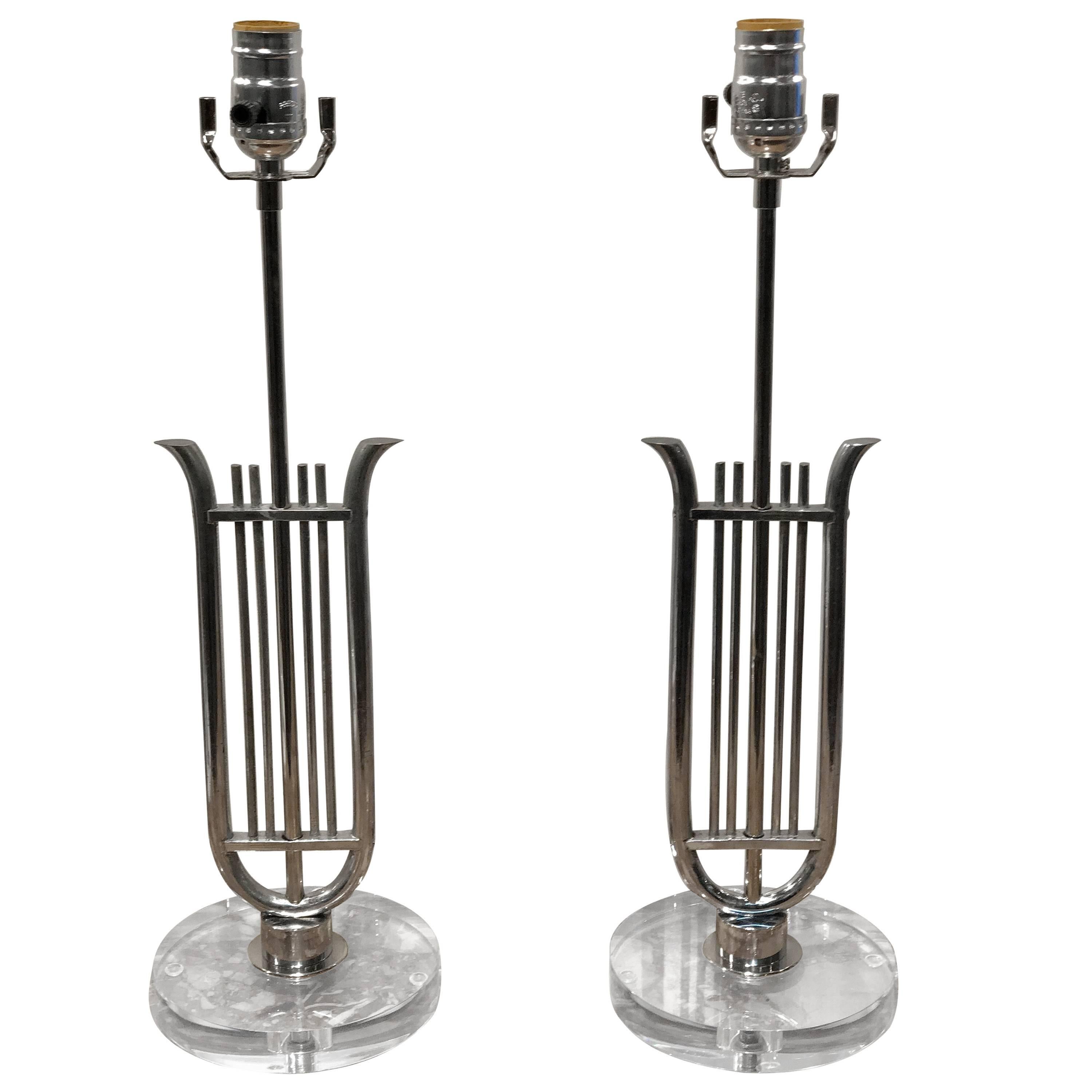 Pair of French Neoclassical Chrome Lyre Lamps with Lucite Bases For Sale