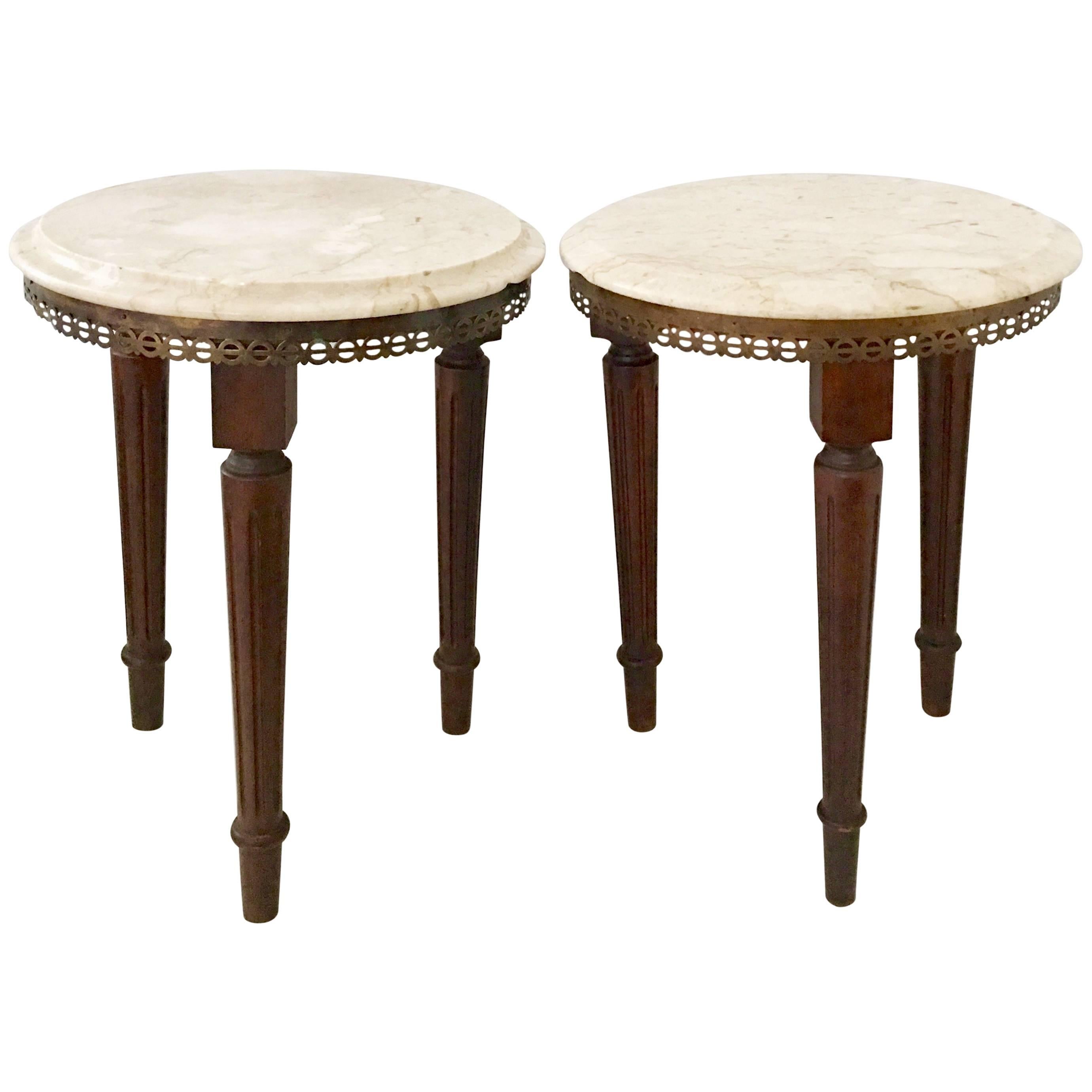 Pair Of French Louis XVI Style Guerdion Mahogany & Marble Top Tables-Signed For Sale