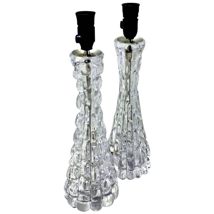1960s Pair of Large Classic Carl Fagerlund Relief Glass Lamps by Orrefors For Sale