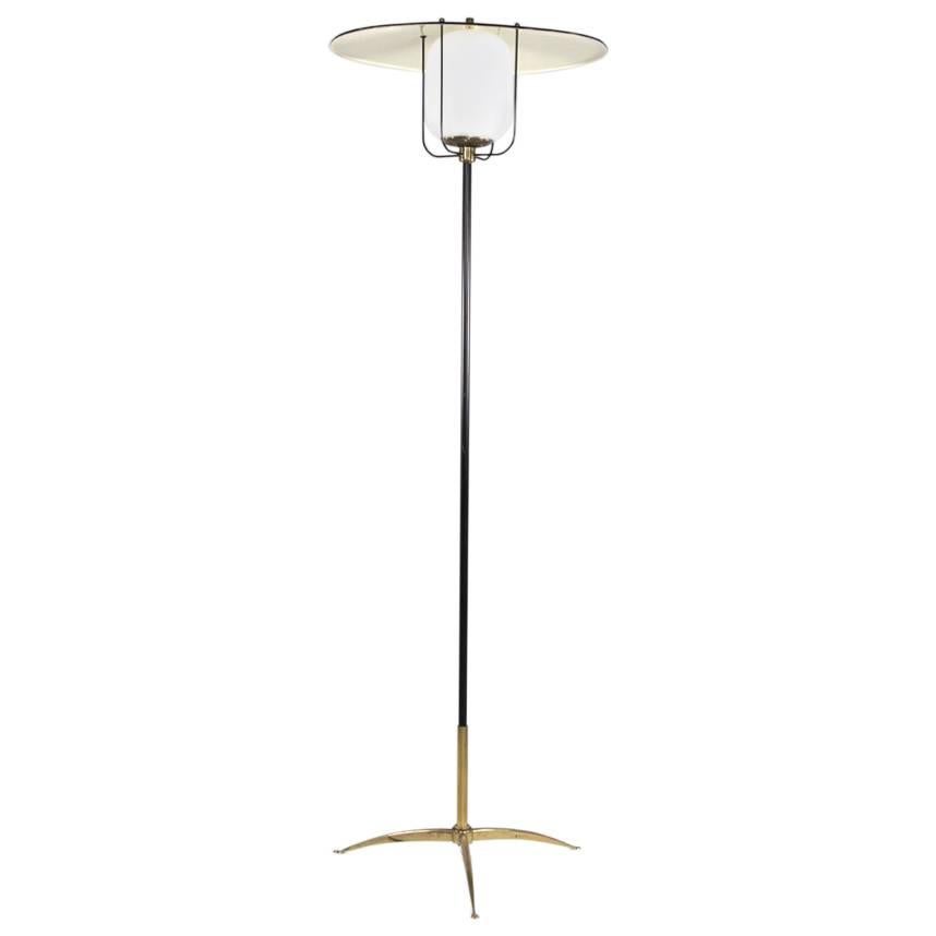 Italian Floor Lamp with Opaline Glass, Dark Lacquered Metal, Brass feet