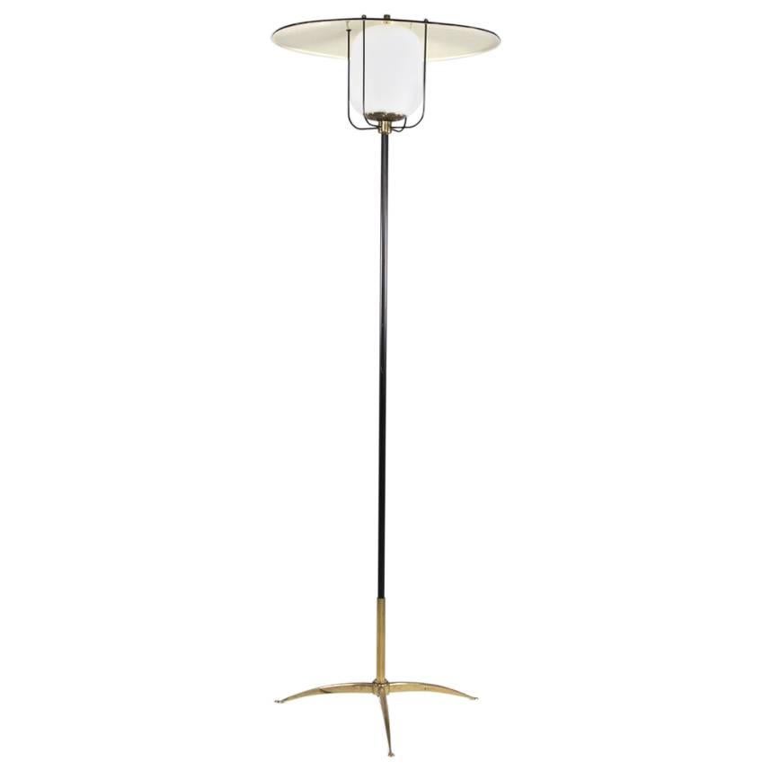 Italian Floor Lamp with Opaline Glass, Dark Lacquered Metal, Brass feet, 1950s.