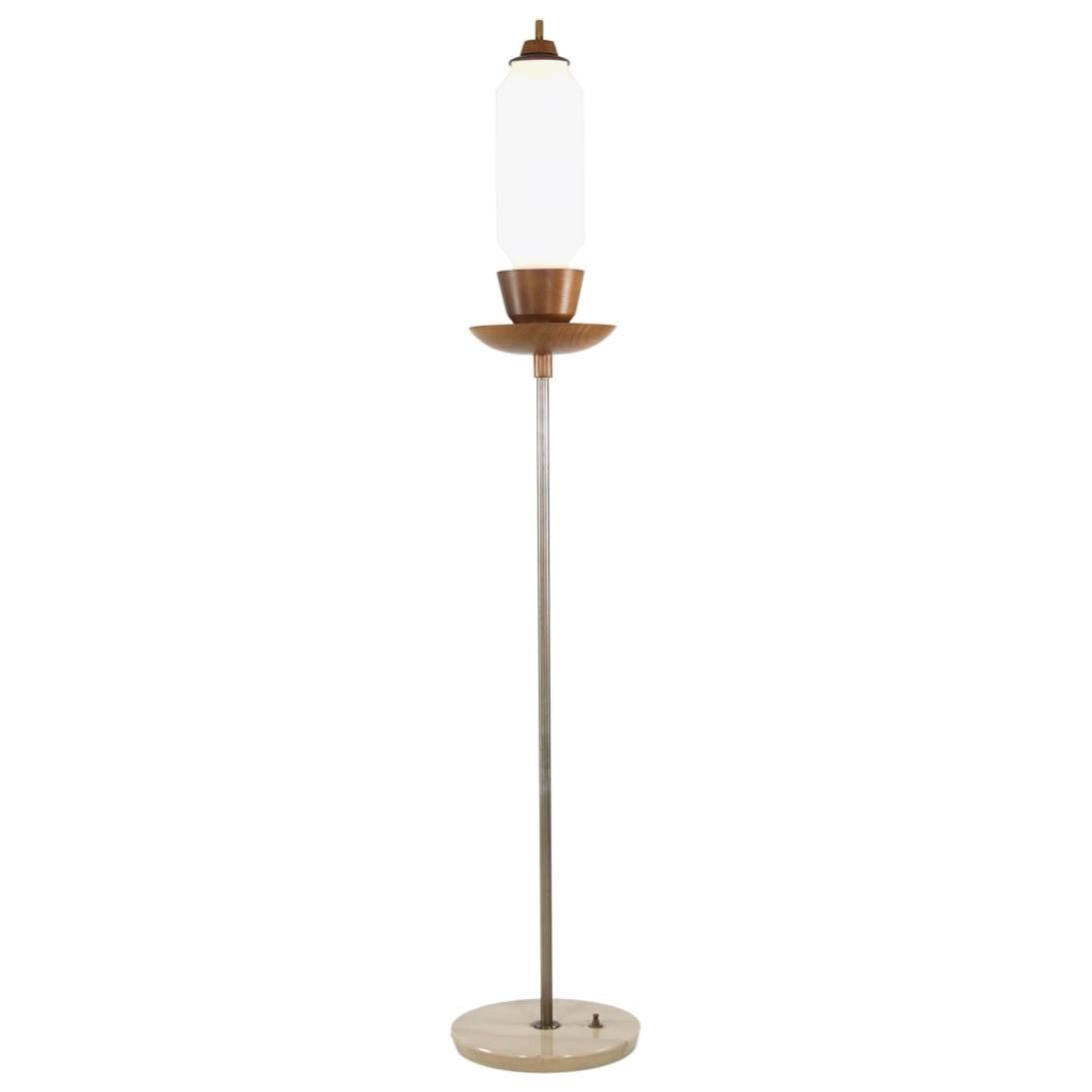 Lampadaire italien vintage en marbre, chêne et laiton, années 1960