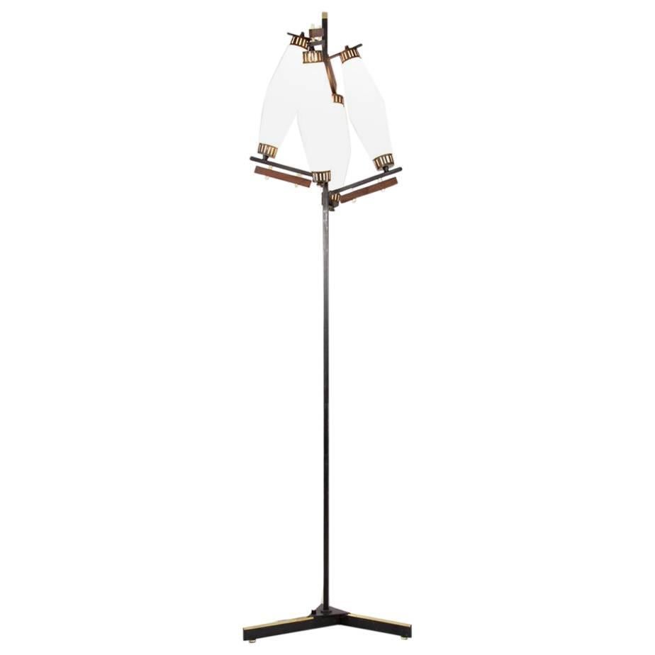 Italian Floor Lamp with Four Opaline Glass Lights and Brass Details, 1950s