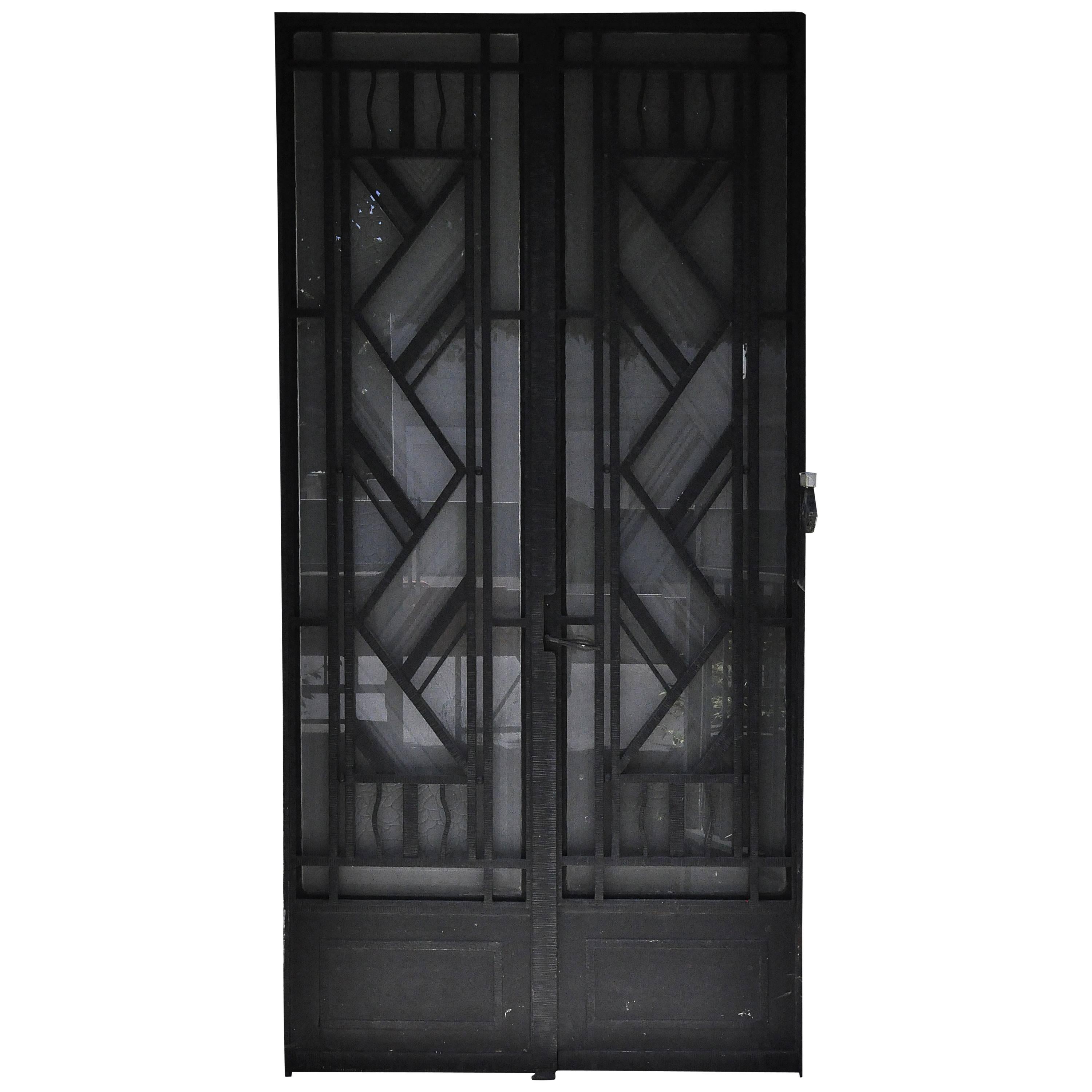 Art Deco Exterior Door, 1930s, Iron and Engraved Glass with Flowers Decor For Sale