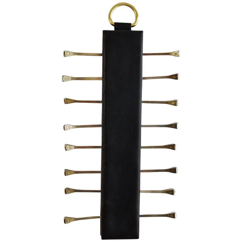 Elegant Leather and Brass Tie Rack by Longchamp Paris, France, 1960s