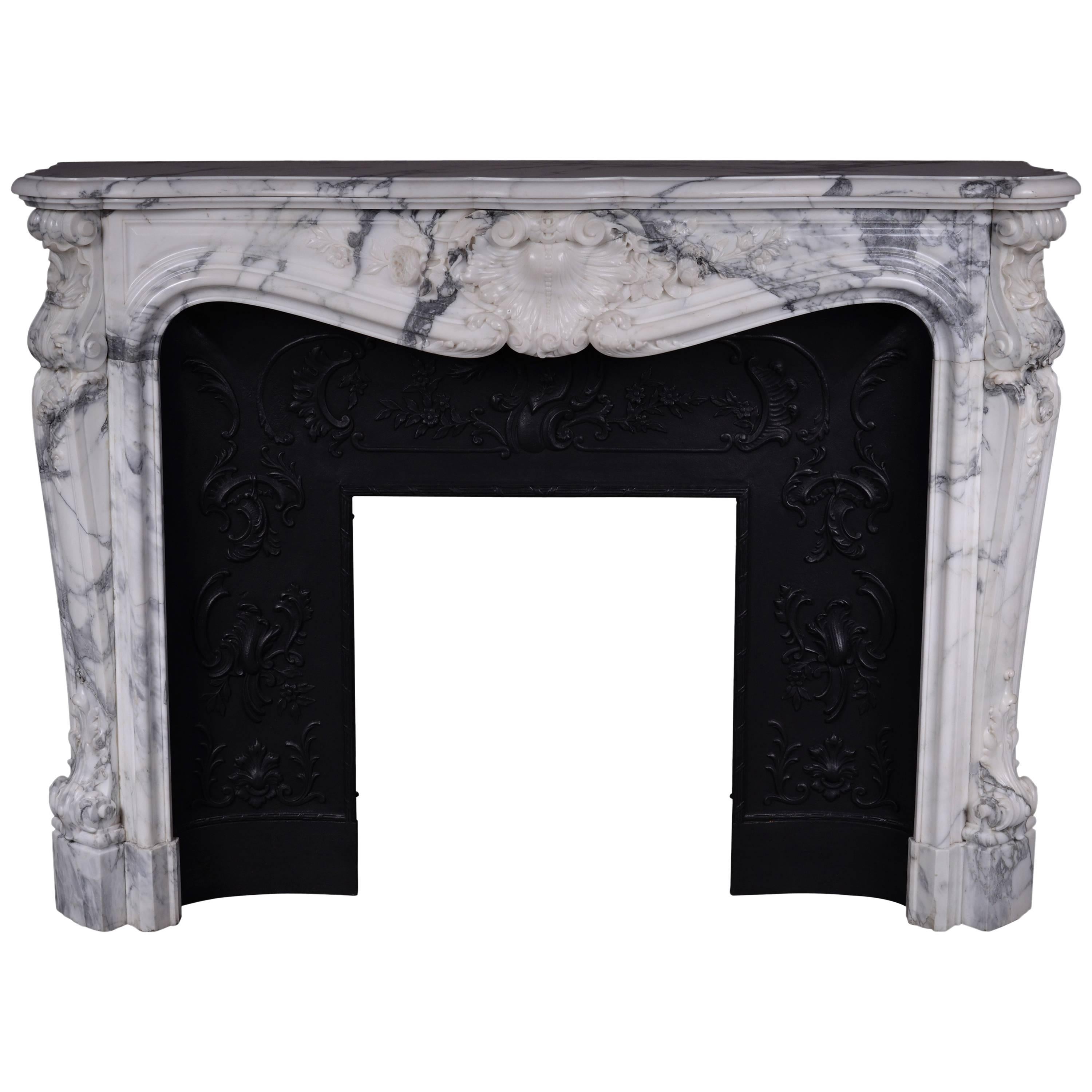 Antique Louis XV Style Fireplace in Arabescato Marble with Cast Iron Insert