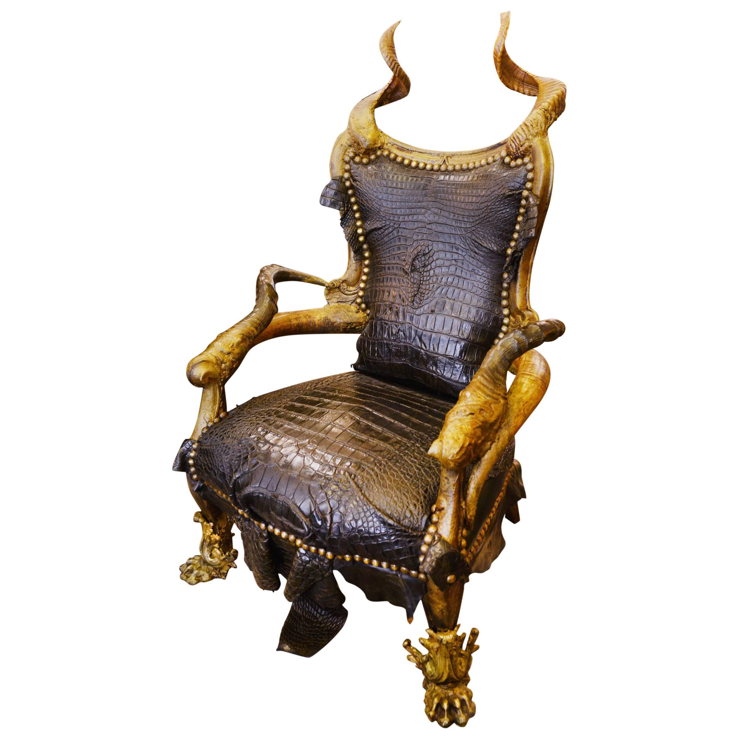 Black Croco Armchair with Alligator Skin and Real Horns For Sale