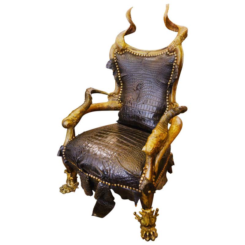Chaise Raptor avec peau de python véritable, cornes de Kudu réelles et