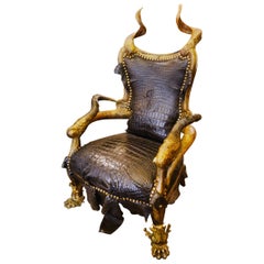 Black Croco Armchair with Alligator Skin and Real Horns