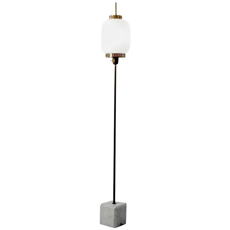 Stilnovo Italian Opaline Glass Shade Floor Lamp With Marble Base 1950s