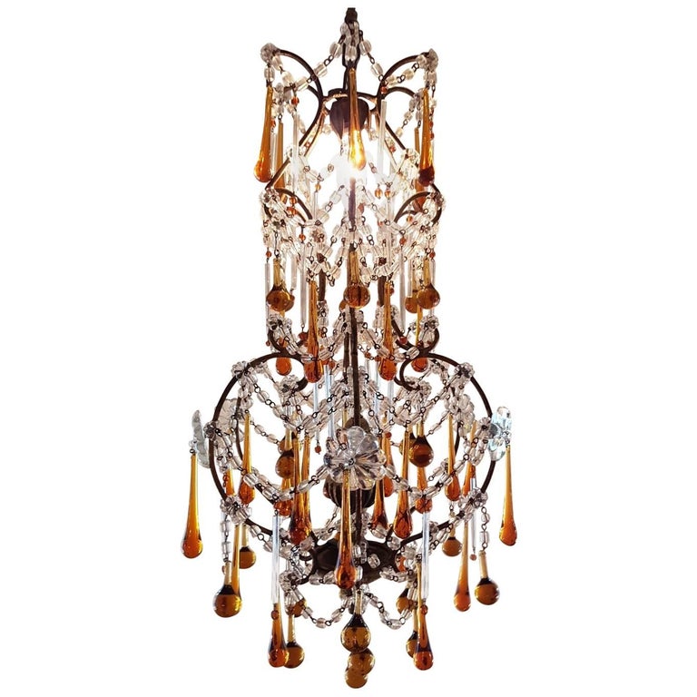 Italian Chandelier With Drops In Amber Color One Light Early 1900 Italian Chandelier With Drops In Amber Color One Light Early 1900 For