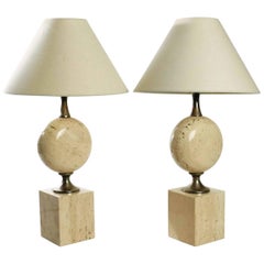Rare Pair of Lamps by Philippe Barbier, Travertine and metal, France, Late 1960s