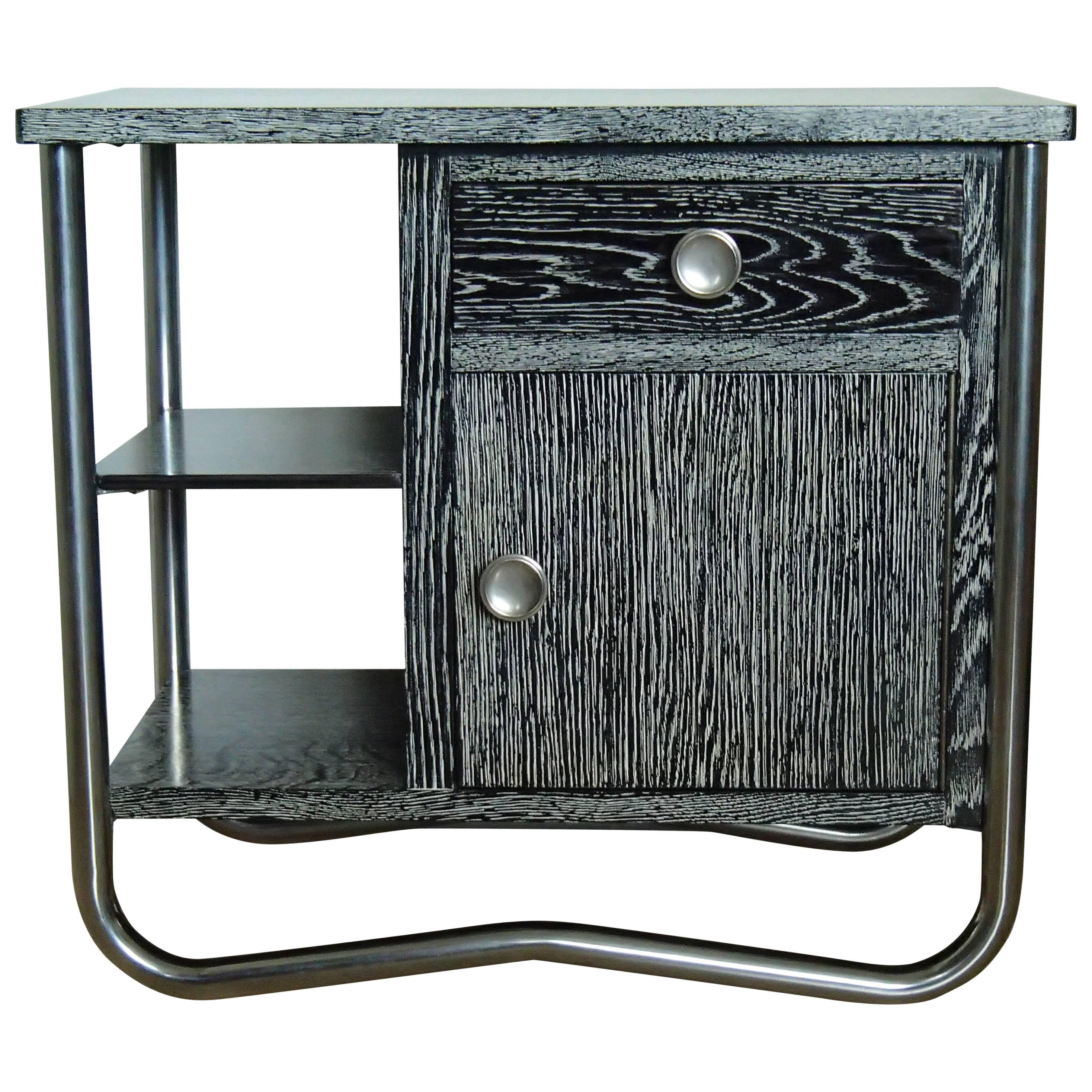 Bauhaus Art Deco Side Table Cabinet Cerused Oak Black and White Chrome