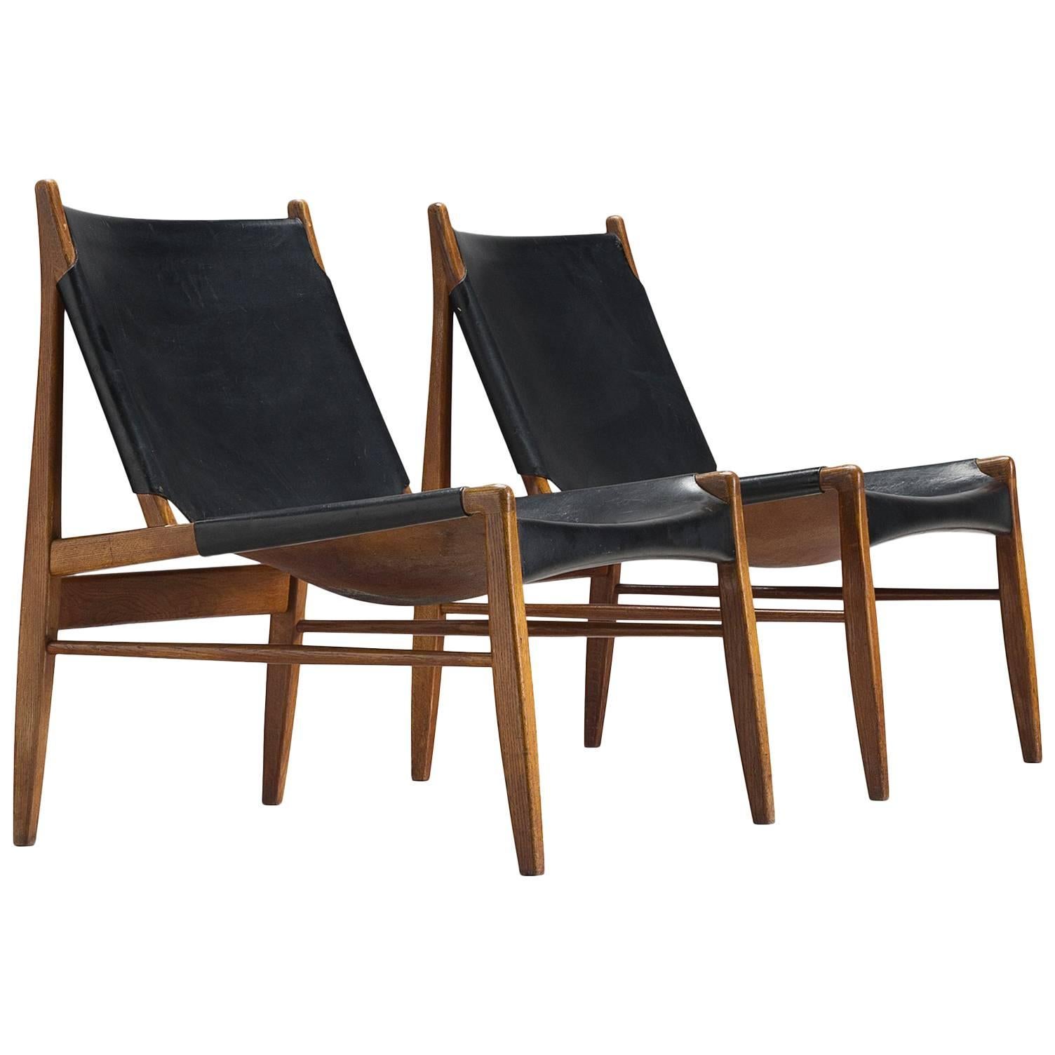 Pair of Hunting Chairs by Franz Xaver Lutz in Original Black Leather