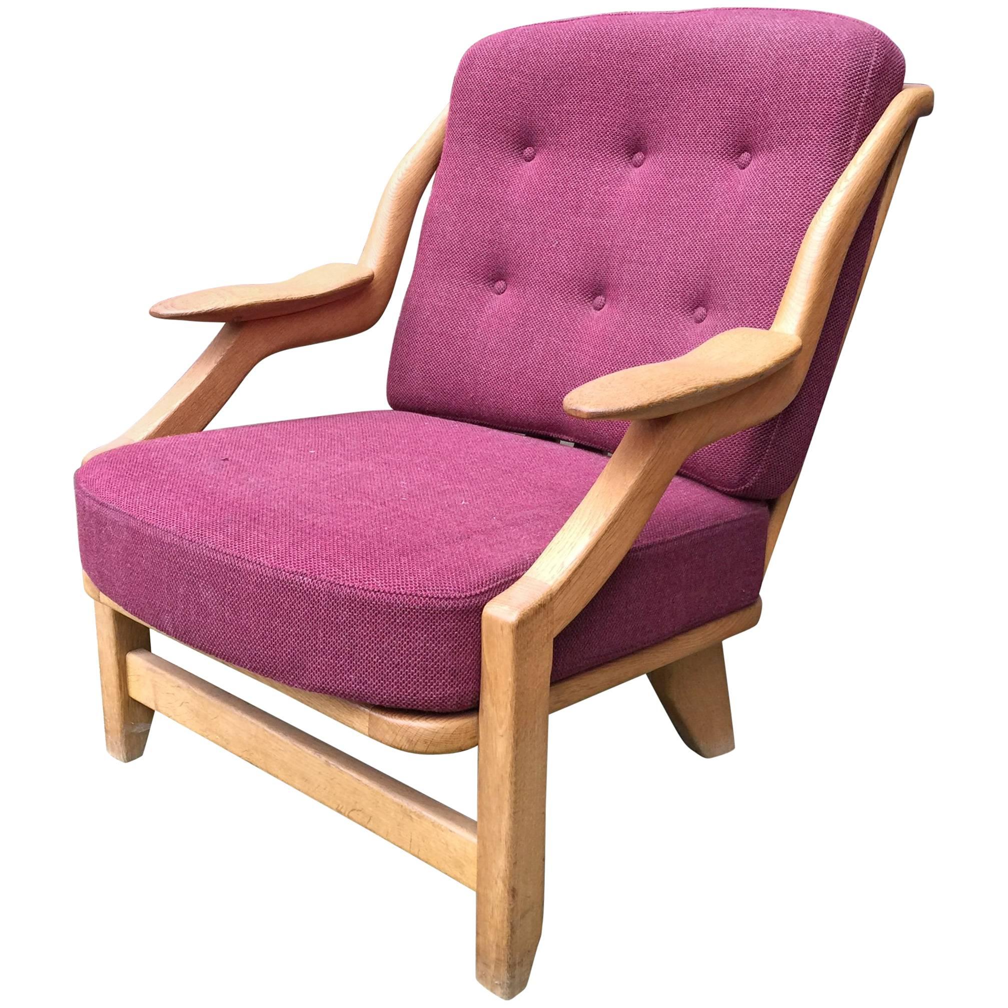 Guillerme & Chambron Oak Easy Chair, with Original Fabric For Sale
