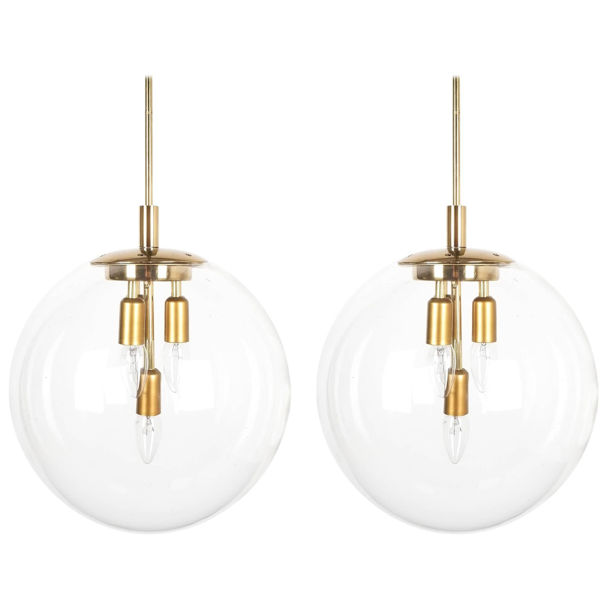 Doria Globe Pendant Lamps Large Pair of Brass Clear Glass Lights, Germany, 1970 For Sale