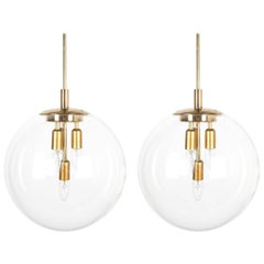 Doria Globe Pendant Lamps Large Pair of Brass Clear Glass Lights, Germany, 1970